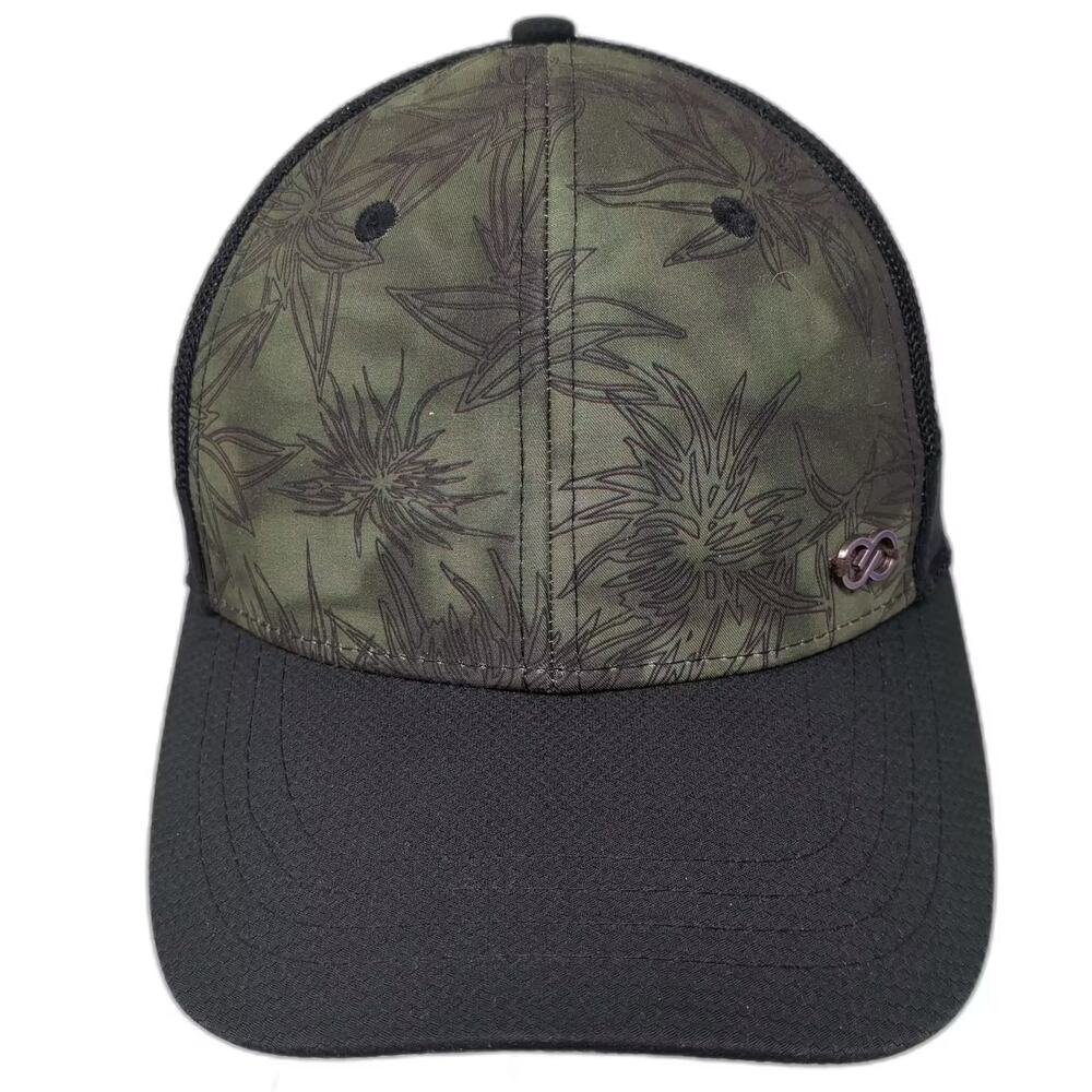 Calia Baseball Cap Black Green Leaf Pattern Mesh Strapback OS Adjustable Hat